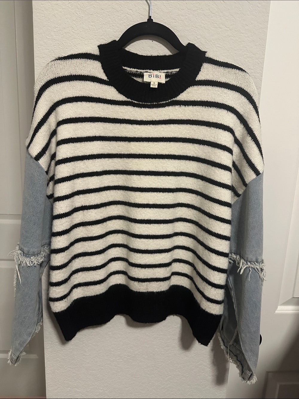 BiBi Black & White Striped Sweater with Light Blue Denim Sleeves Size S